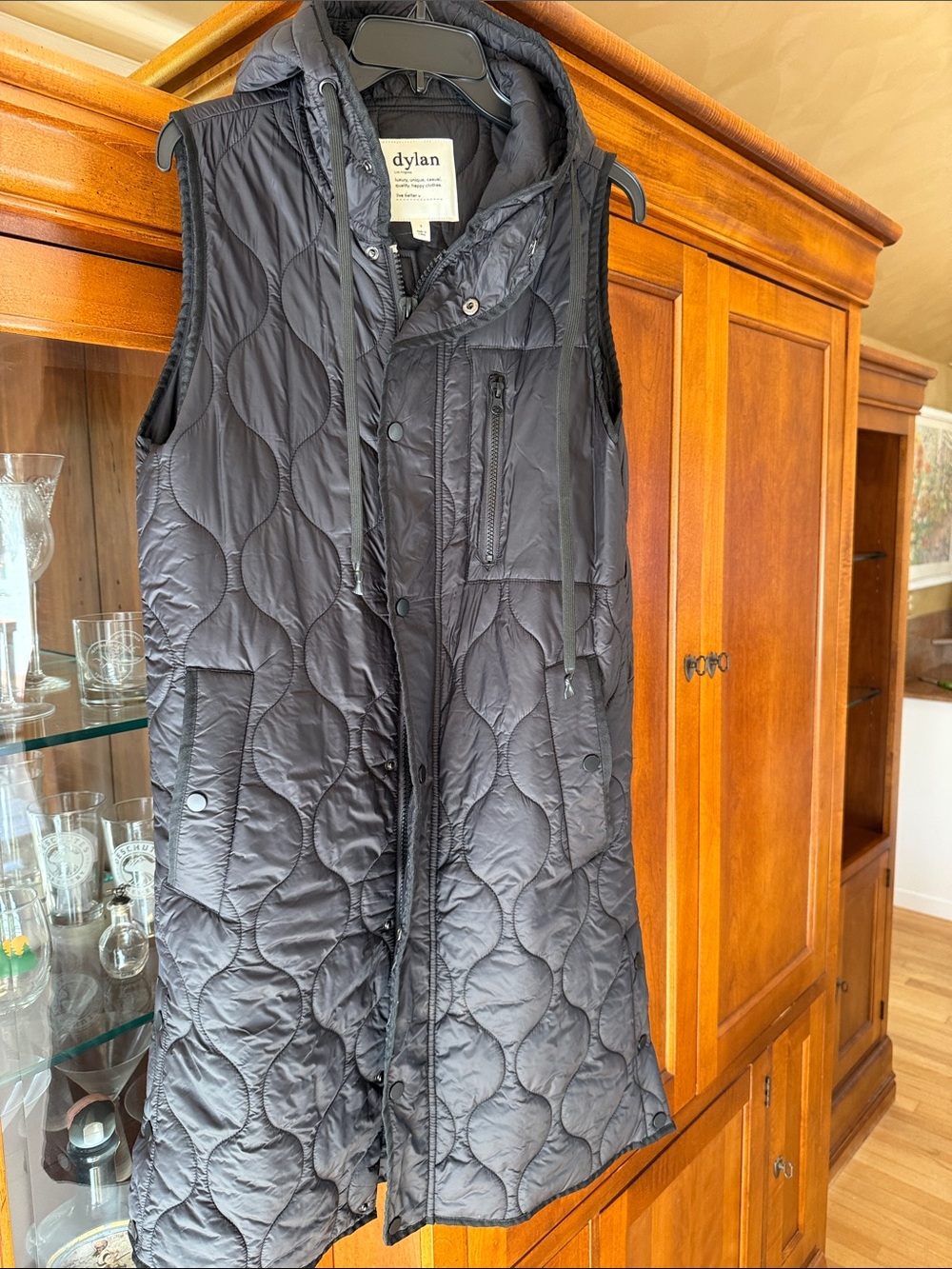 dylan Quilted Hooded Long Vest - Black